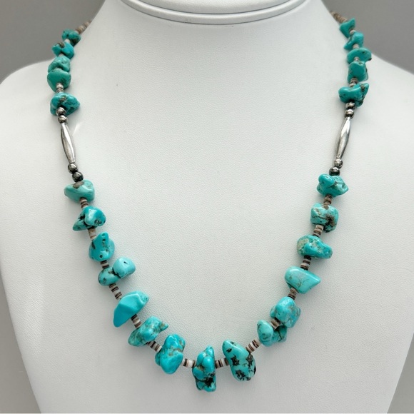 Vintage Southwestern Turquoise Nugget Heishi Sterling Silver Necklace - Picture 2 of 10